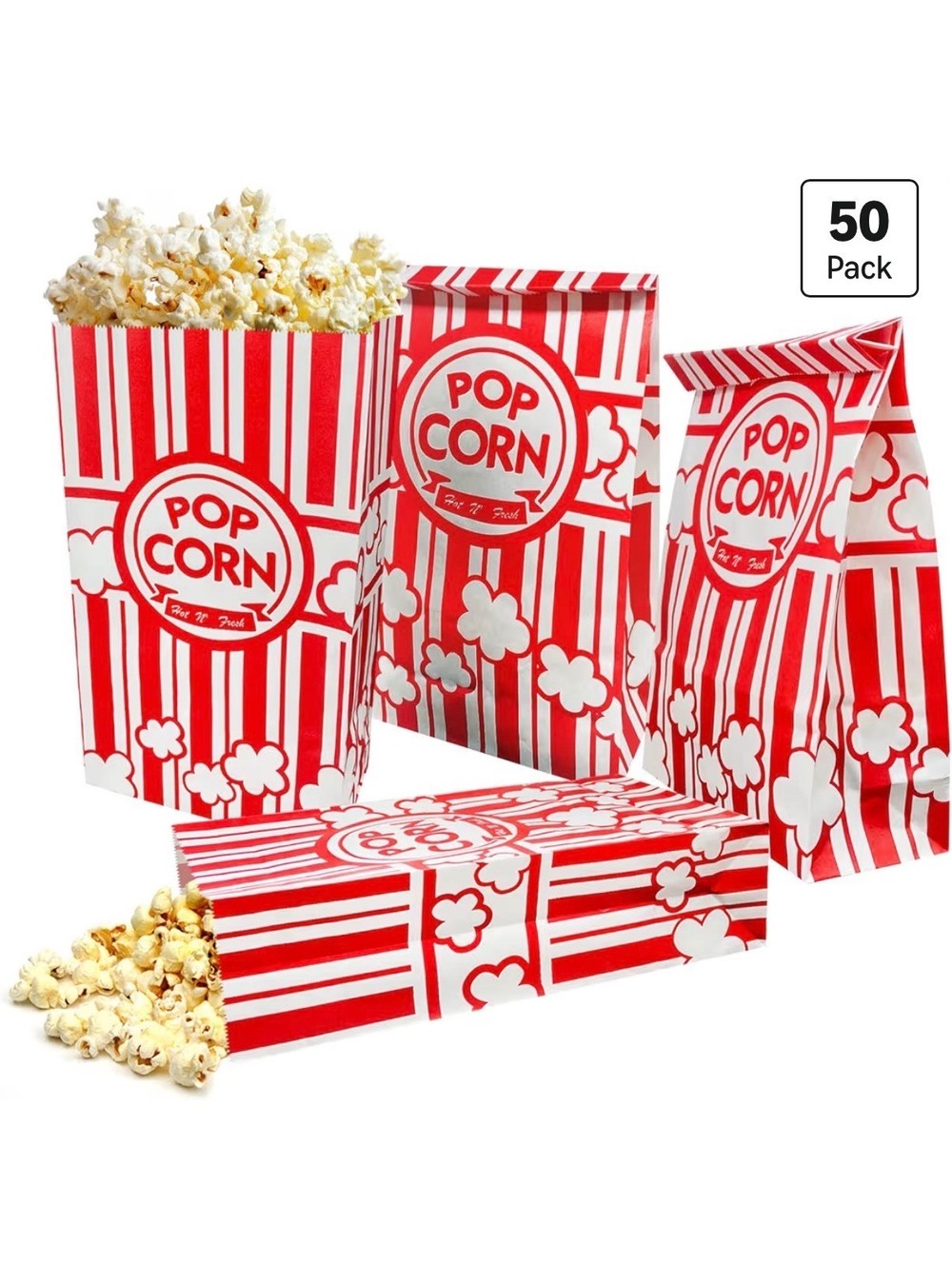 50 Pack Red and White Popcorn Bags with Flat Bottom and Leak Proof Design